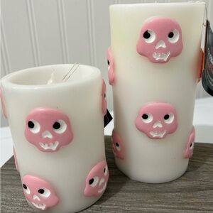 Summerween Skull Embellished White and Pink Flameless Candle Set